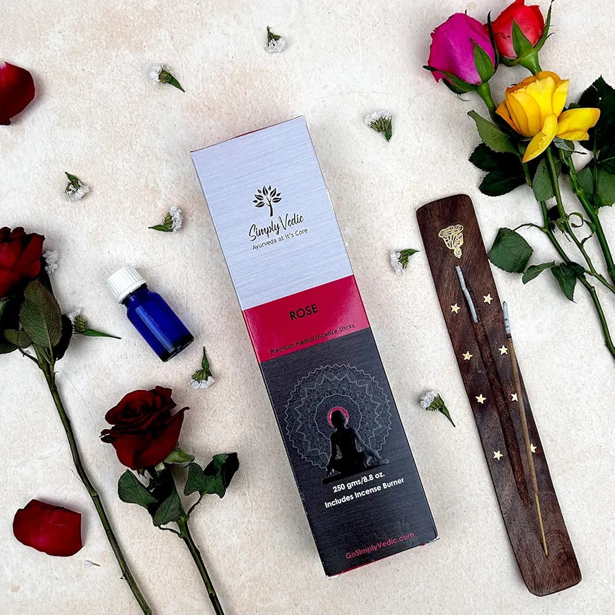 Simply Vedic Rose Incense Sticks 250g with Holder – 135 Hand-Rolled Agarbatti | Natural, Charcoal-Free, Long-Lasting Floral Aroma for Meditation, Yoga, Aromatherapy, Spiritual Healing & Gift Use